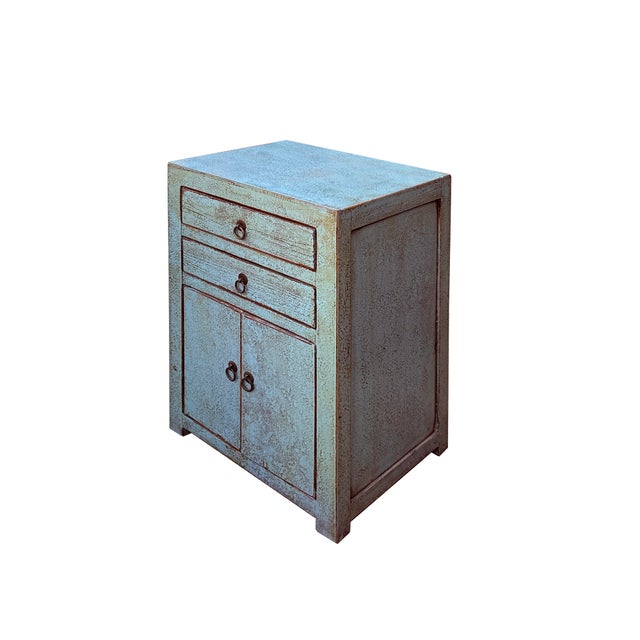 Distressed Marks Gray Blue 2 Drawers End Table Nightstand For Sale - Image 4 of 5