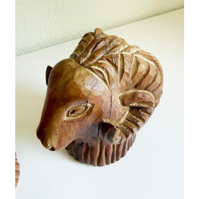 Sarreid Ltd. Carved Wood Rams Head Bookends by Sarreid Spain 1970s - A Pair For Sale - Image 4 of 13