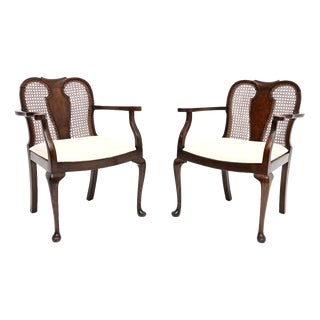 Antique Edwardian Walnut Cane Back Armchairs, 1900, Set of 2 For Sale
