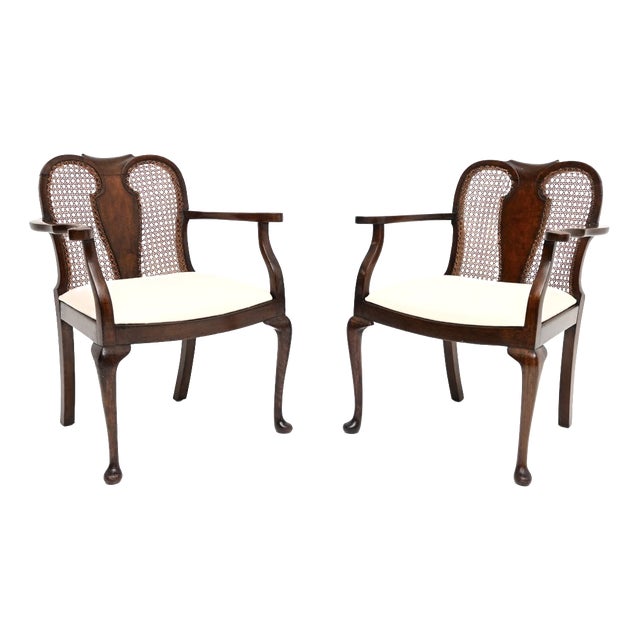 Antique Edwardian Walnut Cane Back Armchairs, 1900, Set of 2 For Sale