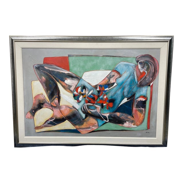 1990s Jean-Claude Gaugy "La Bonheur De La Travailleuse Avec Ses Fleurs" Abstract Figurative Mixed-Media Painting, Framed For Sale