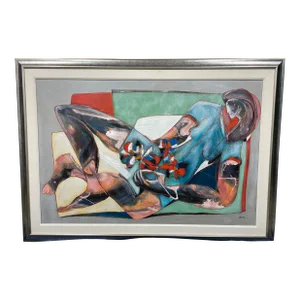 1990s Jean-Claude Gaugy "La Bonheur De La Travailleuse Avec Ses Fleurs" Abstract Figurative Mixed-Media Painting, Framed