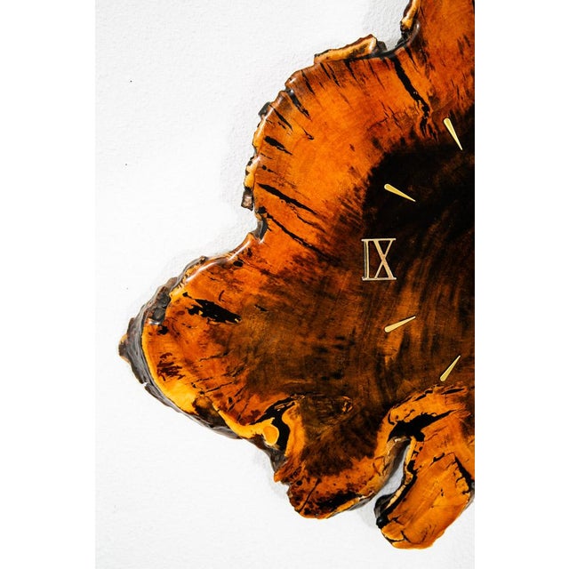Mid Century Modern Clock Wood Burl Wall Brass Gold Danish Vintage MCM For Sale In Sacramento - Image 6 of 12