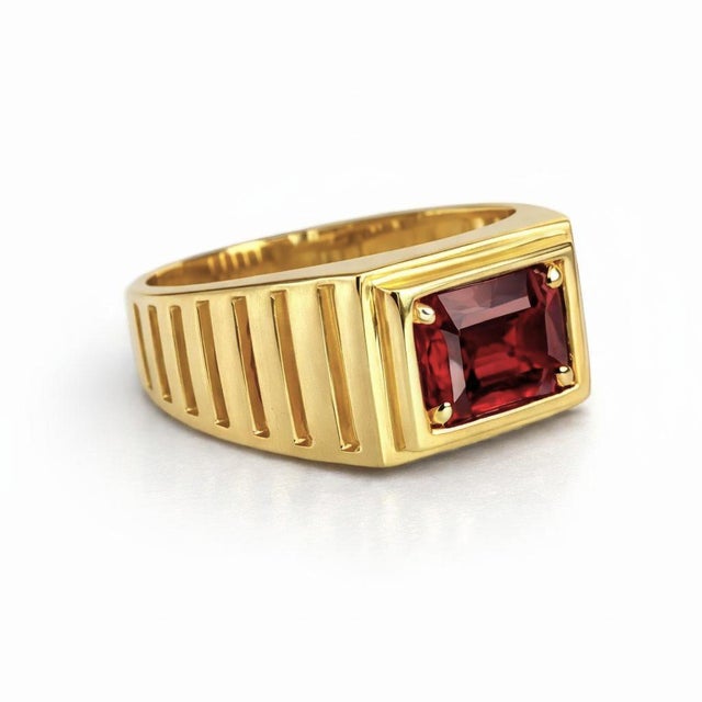 Modern Art Deco Signet Ring for Men With Garnet, Silver, Gold, Size 10 For Sale - Image 3 of 5