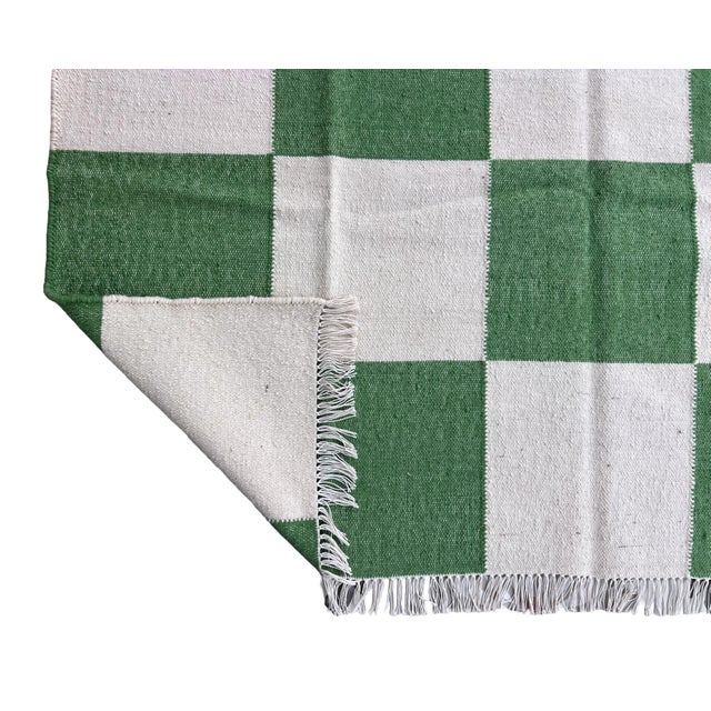 Handmade Woolen Flat Weave Rug, Moss Green and White Checker Board Dhurrie - 5'x8' For Sale - Image 12 of 12