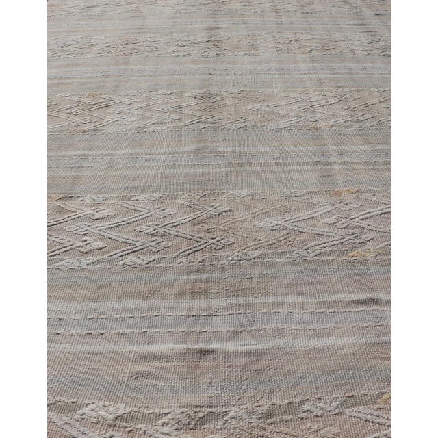 Tribal Mid 20th Century Striped Hand Woven Turkish Flat-Weave Kilim in Muted Colors and Tribal Motifs For Sale - Image 3 of 10