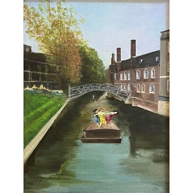 Oil painting on canvas laid down on board of three women dancing on a barge while being tugged along the River Cam by a...