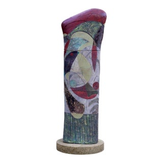 "Forest Murmurs" by Michael Gustavson, Large Raku Ceramic Column Sculpture, Purple Teal and Earth, Contemporary California Art, Vibrant Colors For Sale