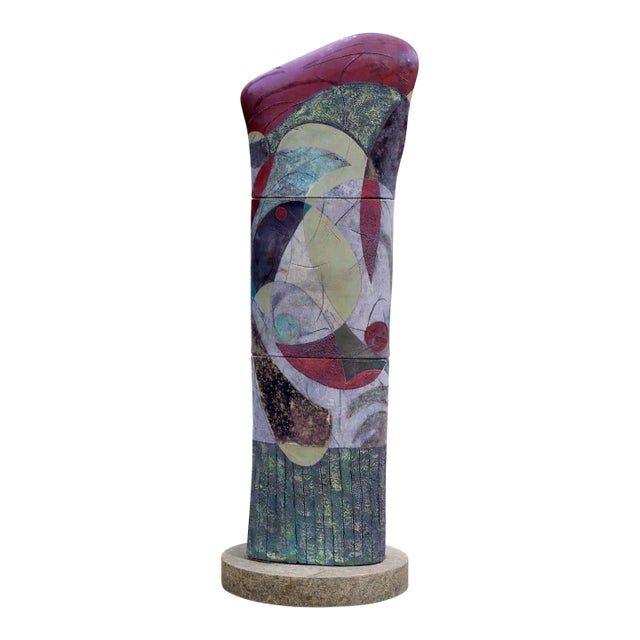 "Forest Murmurs" by Michael Gustavson, Large Raku Ceramic Column Sculpture, Purple Teal and Earth, Contemporary California Art, Vibrant Colors For Sale