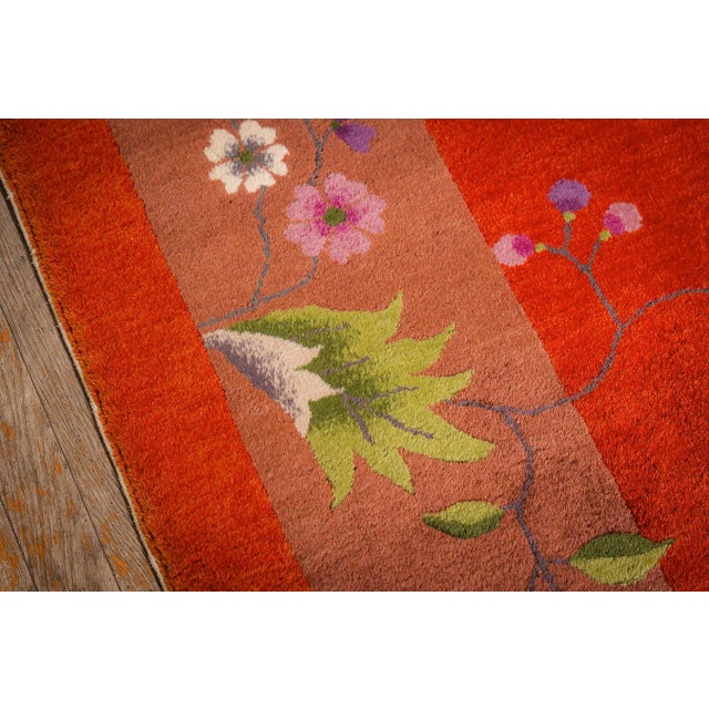 Art Deco 1920s Red Field Modern Floral Antique Chinese Knotted Wool Art Deco Carpet Rug For Sale - Image 3 of 11