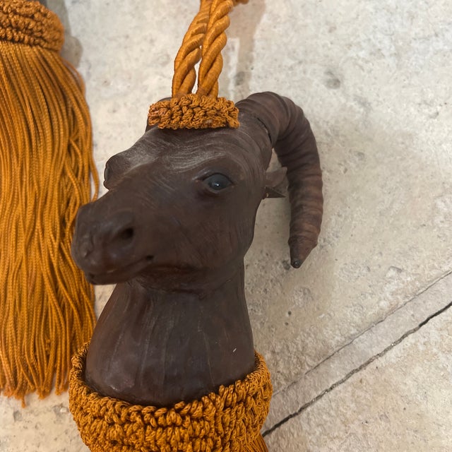 Ram Head Leather Wrapped Curtain Tieback Tassels Early 20th Century, European Decorative set of four curtain tieback...