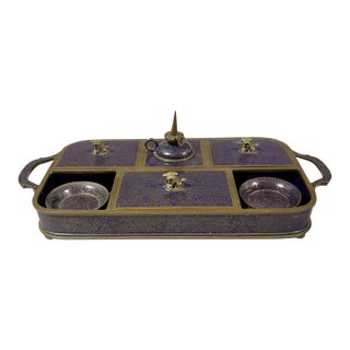 19th C Chinese Bronze and Dark Blue Cloisonne Opium Tray For Sale