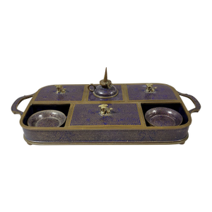 19th C Chinese Bronze and Dark Blue Cloisonne Opium Tray