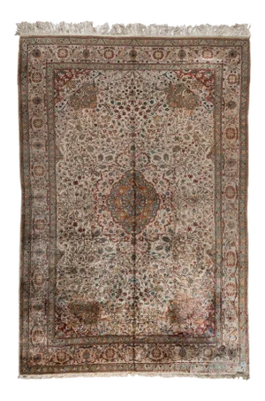 1940s Metallic Silver and Rose Turkish Kayseri Silk Area Rug