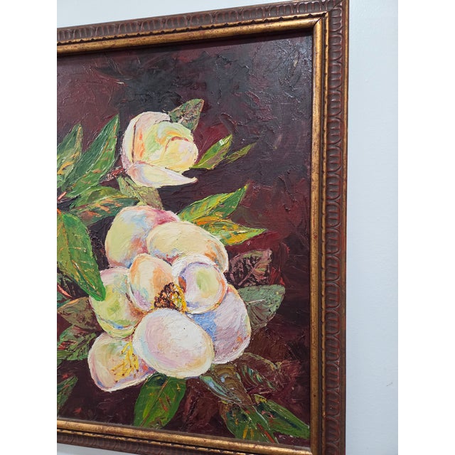 Framed Impressionist Floral Magnolia Still Life Oil Painting Wall Art, Burgundy For Sale - Image 4 of 8