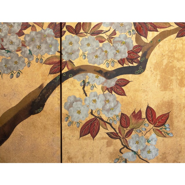 Wood C. 1970s Chinese Six-Panel Gold Leaf Style Painted Screen "Blossoming Plum Tree" For Sale - Image 7 of 18