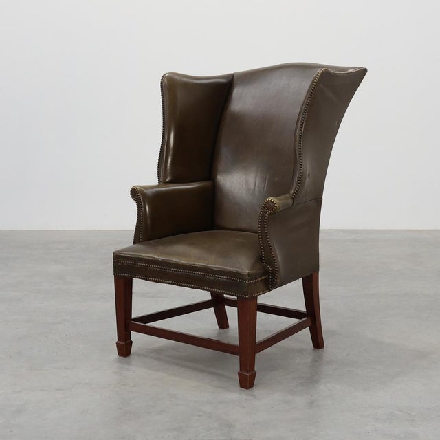 Mid-Century Modern Wing Back Chair in Green Leather, 1980s For Sale - Image 15 of 15