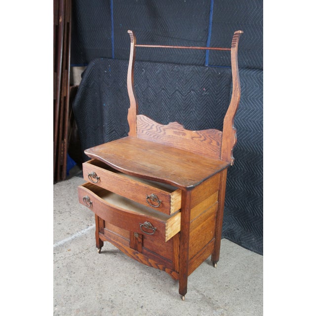 Antique Victorian Quartersawn Oak Chest Washstand Dry Sink W Towel Bar Rack For Sale - Image 4 of 12