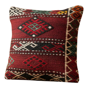 Vintage Handwoven Anatolian Kilim Pillow – Wool Cushion in Red and Black Tribal Design