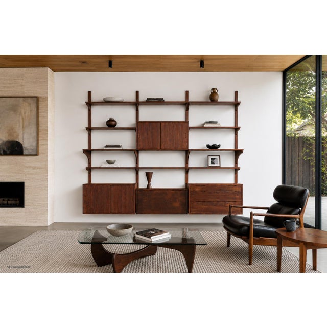 Mid-century modern modular walnut wall unit designed by Noral Olson for Kopenhavn in the United States during the 1950s. A...