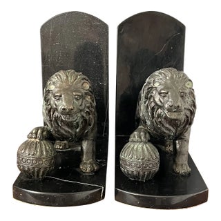 Pair of 1920s Extra Large Metal and Marble Lion Bookends For Sale