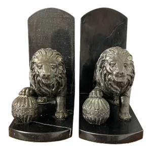 Pair of 1920s Extra Large Metal and Marble Lion Bookends