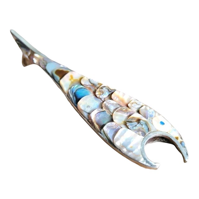 Rare Vintage 1970s Los Castillos Silver Style Abalone Fish Bottle Opener - Sculptural Silver & Iridescent Gem For Sale