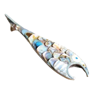 Vintage 1970s Los Castillos Silver Style Abalone Fish Bottle Opener - Sculptural Silver & Iridescent Gem