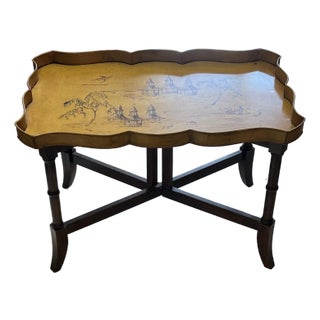 Vintage Tole Chinoiserie Tray Table With Faux Bamboo Collapsible Stand For Sale