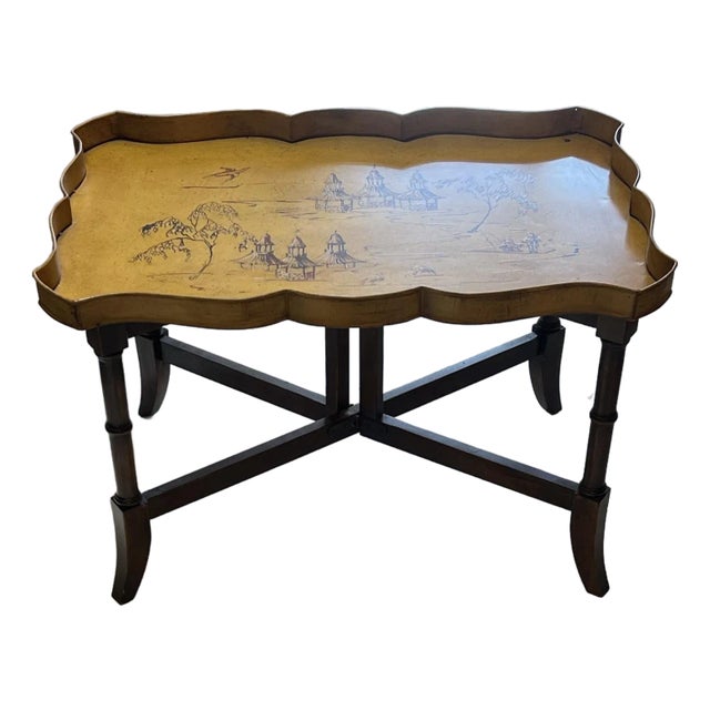 Vintage Tole Chinoiserie Tray Table With Faux Bamboo Collapsible Stand For Sale