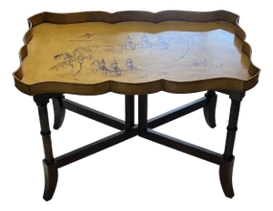 Vintage Tole Chinoiserie Tray Table With Faux Bamboo Collapsible Stand
