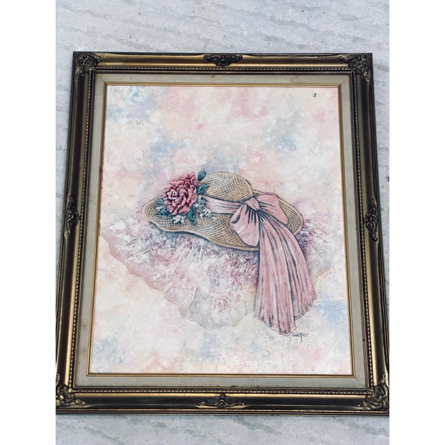 Vintage Floral Hat Wall Art Signed Cooper Textured Mixed Media Framed Artwork For Sale - Image 10 of 11