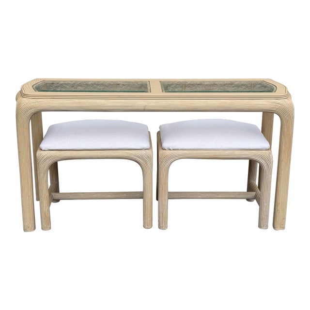 1970s Reed-Wrapped Console Table With Glass Top and Pair of Matching Stools For Sale