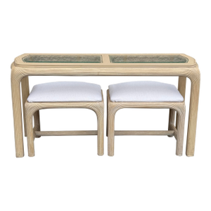 1970s Reed-Wrapped Console Table With Glass Top and Pair of Matching Stools