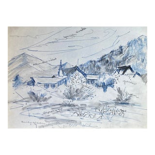 1950s Mountain Cabins Landscape Drawing For Sale