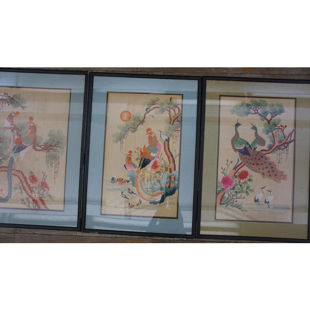 Wonderful Ivory Color With Floral Design Antique Set of Silk Embroidery of Peacock & Phoenix For Sale - Image 15 of 15