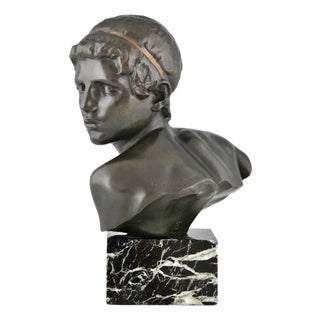Constant Roux, Art Deco Bust of Young Achilles, 1920, Bronze on Marble Base For Sale