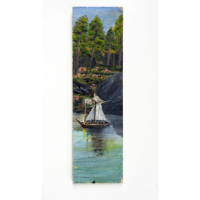 Rustic European Folk Art Ship on River Long Format Painting For Sale - Image 3 of 3