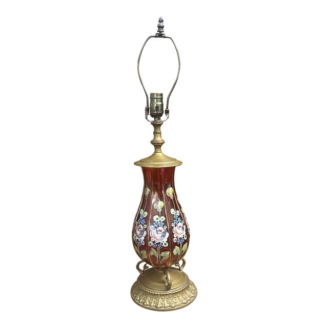Antique Venetian Cranberry Glass Lamp With Hand Painted Roses For Sale