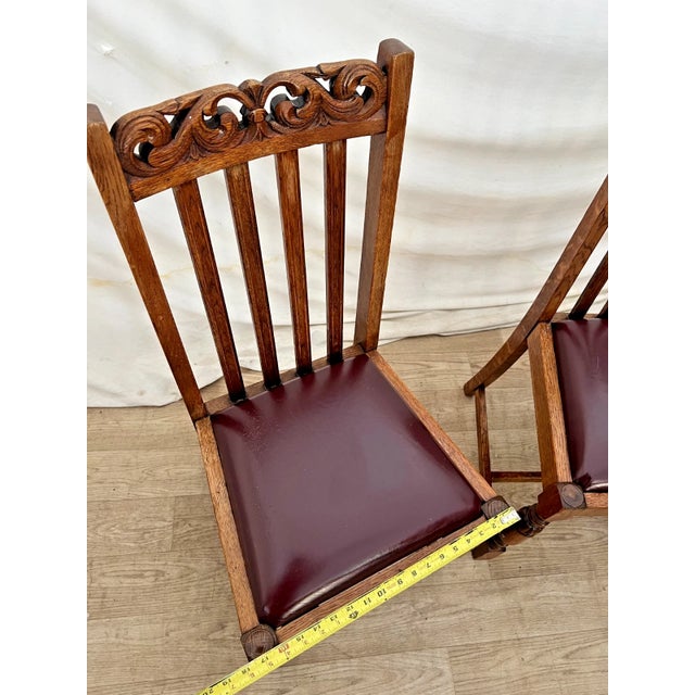Antique Oak Side Chairs Set of Two Arts & Crafts Carved Spindle Back Vinyl Seats For Sale - Image 9 of 10