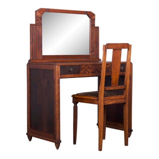 1920s French Parisian Art Deco Oak Vanity W/ Chair - a Pair For Sale