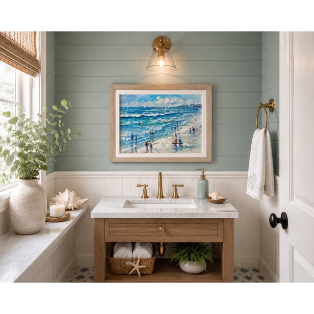 Original coastal oil painting by J. Morgan. Richly textured with expressive palette-knife brushwork, the artwork captures...