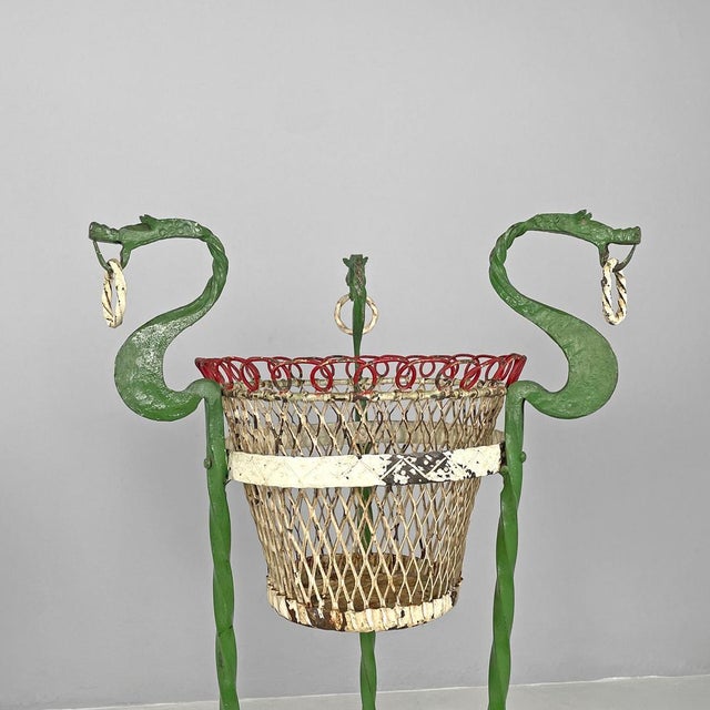 Metal Italian Art Nouveau White Green Wrought Iron Vase Holders with Dragons, 1900s, Set of 2 For Sale - Image 7 of 18
