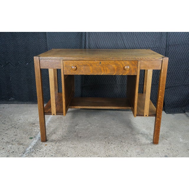 Antique Mission Arts Craft Quartersawn Oak Library Bookcase Table Desk Inkwell For Sale - Image 6 of 18