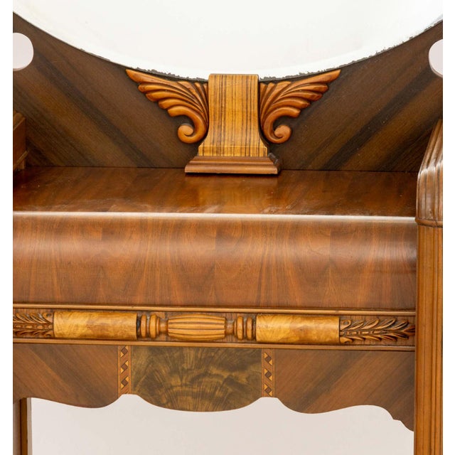 American Art Deco Mirrored Marquetry Inlaid Walnut Vanity and Chair For Sale In New York - Image 6 of 16