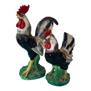 1940's Black & Red Ceramic Rooster Chickens S/2