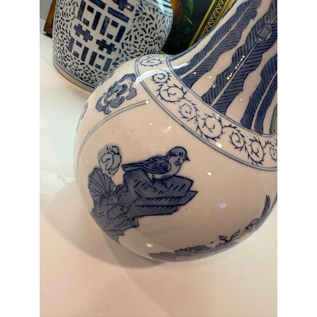 Blue Vintage Blue & White Chinese Porcelain Chinoiserie Vase With Pagoda Landscape Motifs For Sale - Image 8 of 13