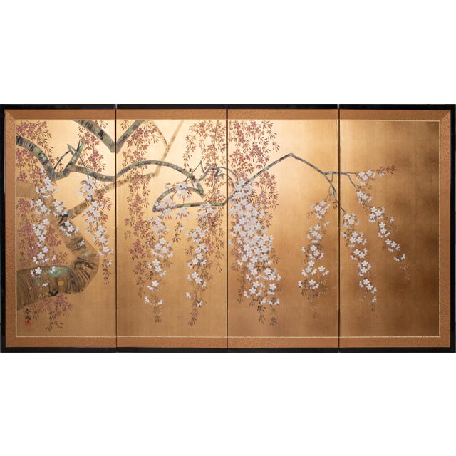 1980s Shōwa Era Japanese Byobu Screen "Blossoming Cherry Tree" For Sale - Image 15 of 15