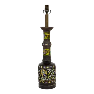 Tall Black Champleve Enamel Bronze Lamp With Polychrome Flower Design
