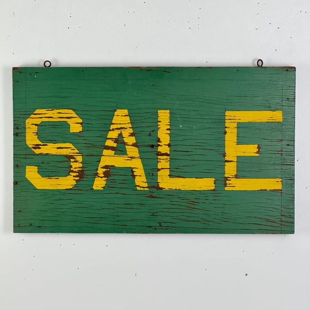 American Vintage Green & Yellow "Sale" Wooden Sign For Sale - Image 3 of 7